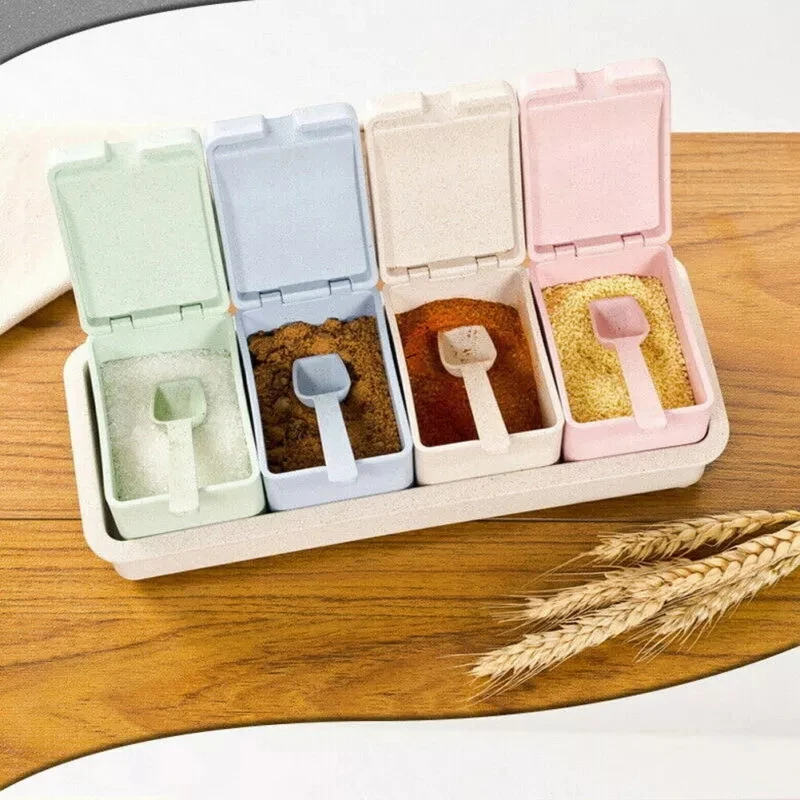 

4pcs/set Independent Compartment Seasoning Box Set Spice Pots Storage Container with Cover and Spoon Kitchen Utensils Supplies