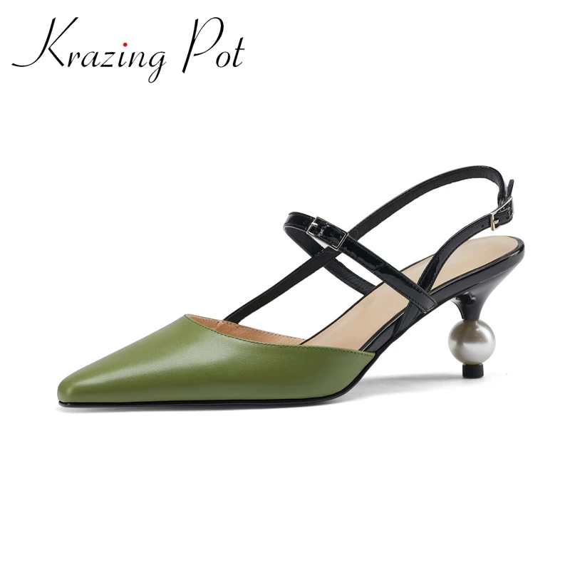 

Krazing pot genuine leather pointed toe strange style mixed colors pearl mature sling back buckle straps women sandals shoes L25