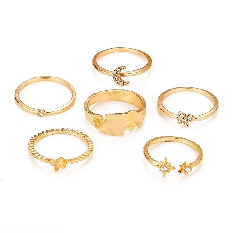 

Europe and America Cross Border New Ring Fashion Diamond Butterfly Star Moon Knuckle Ring Suit 6-piece Set Gold Rings for Women