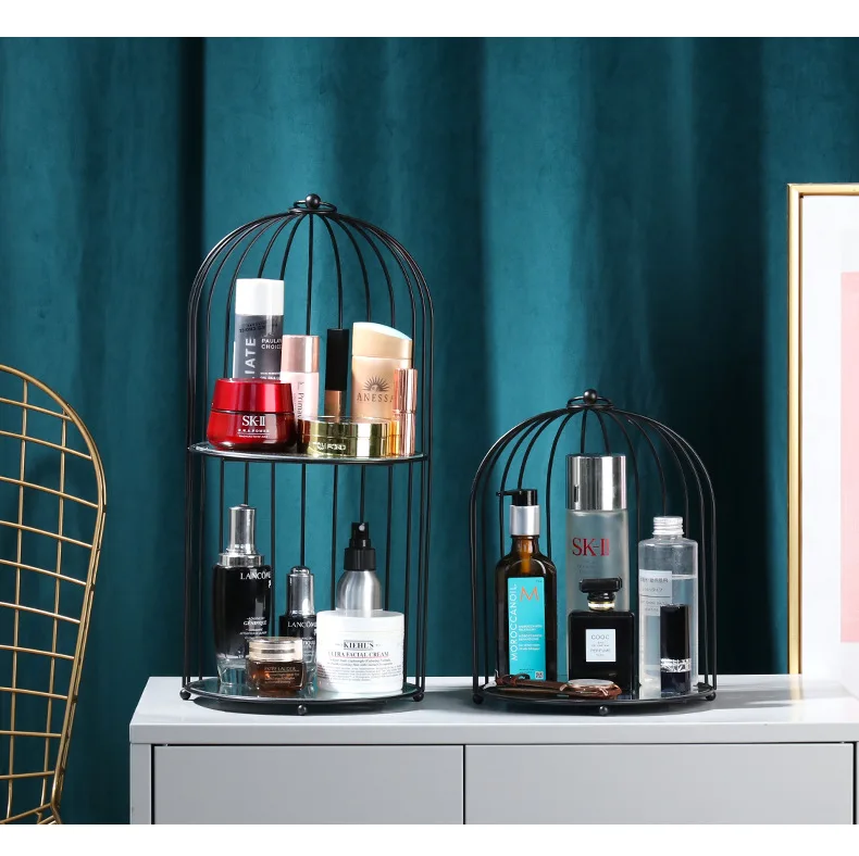 

Iron Art Makeup Organizer Creative Jewelry Makeup Shelf Box Cosmetic Organizer Home Bedroom Table Top Cosmetics Storage Rack