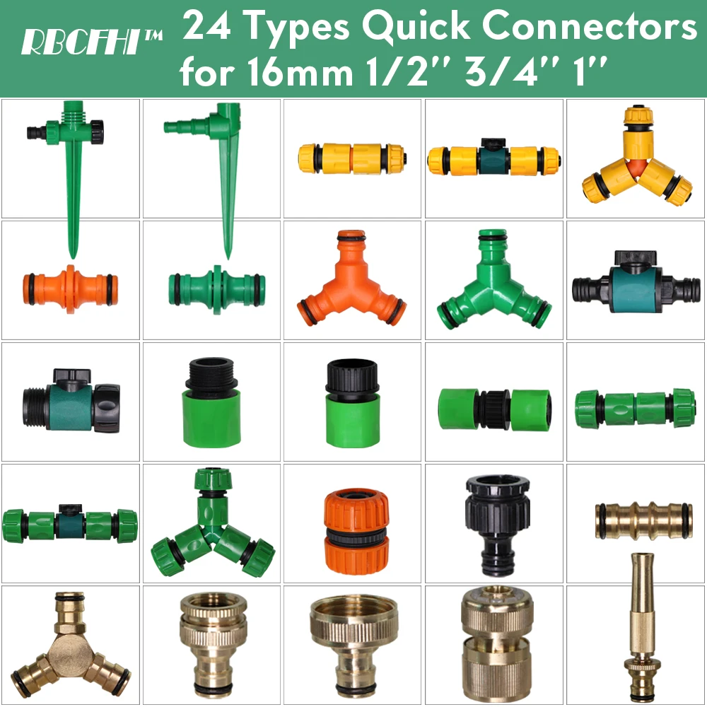 

RBCFHI 24 Types Garden Water Connectors for 16MM 1/2'' 3/4'' Sprinkler Tubing Coupling Adaptor Repair Shut Off On Splitter Joint