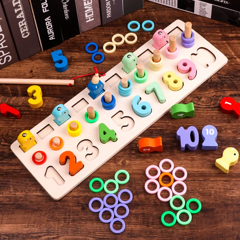 

Baby Montessori Wooden Math Toys 3D Cartoon Fishing Number Digital Cognition Shape Matching Board Educational Learning Toys