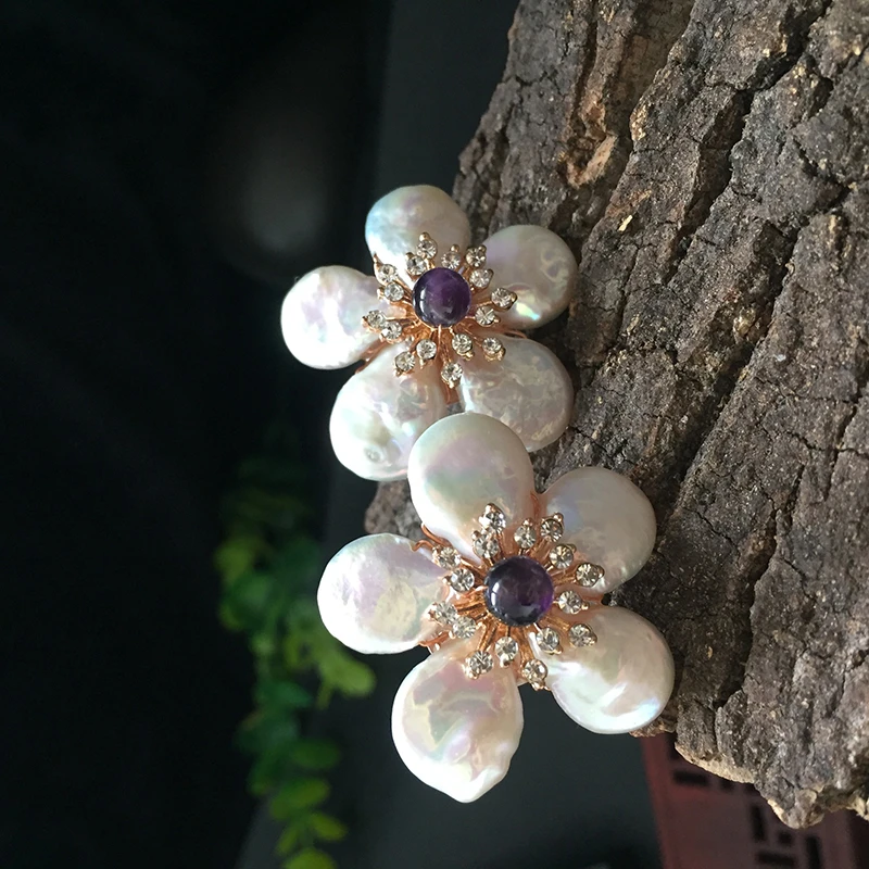 Натуральный пресной воды барокко Жемчуг лазурит Цветок 925 стерлингового серебра