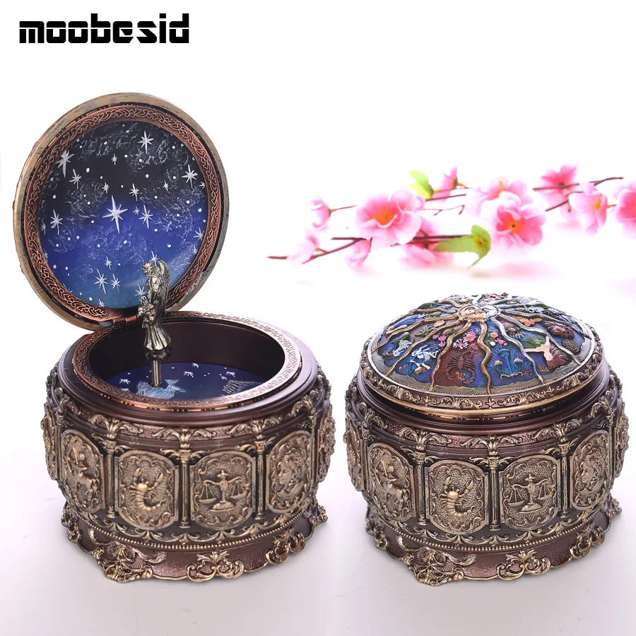 Bronze Zodiac 12 Signs Music Box Retro 12 Constellation Musical Boxes Sun God Gift Box for Girls Valentine's Day Birthday Gifts