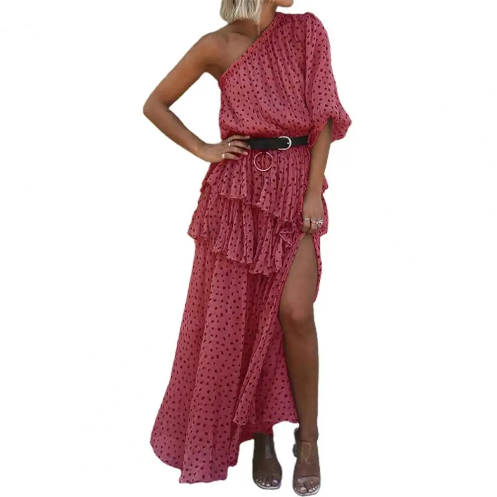 

Summer Women Dress One Shoulder Elegant Polka Dots Print Irrgular Split Hem Long Dresses Cascading Ruffle Casual Loose