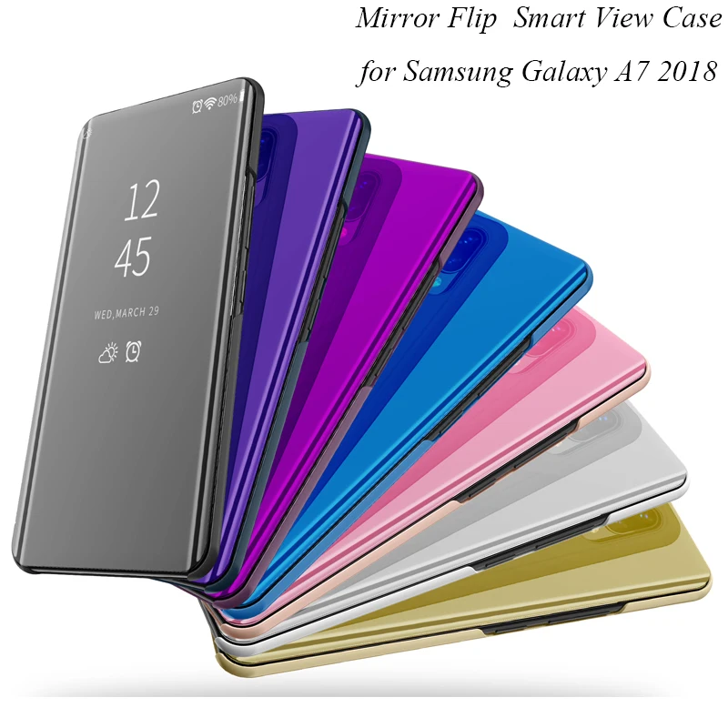 Флип зеркальный чехол для Samsung Galaxy A7 2018 Роскошный прозрачный вид кожаный 50