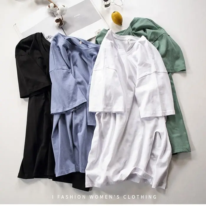 

Korean Oversize Long T-shirt Women Summer Tops Plus Size Short Sleeve Split Tees Shirt Schoolgirl Street Style Tshirt Clothes