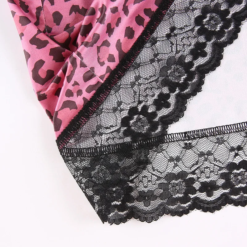 

Pink Leopard Print Sexy Women Backless Dress 2021 Summer Lady Strap Lace Parthwork Mini Deep V Neck Sleevless A-line Dresses