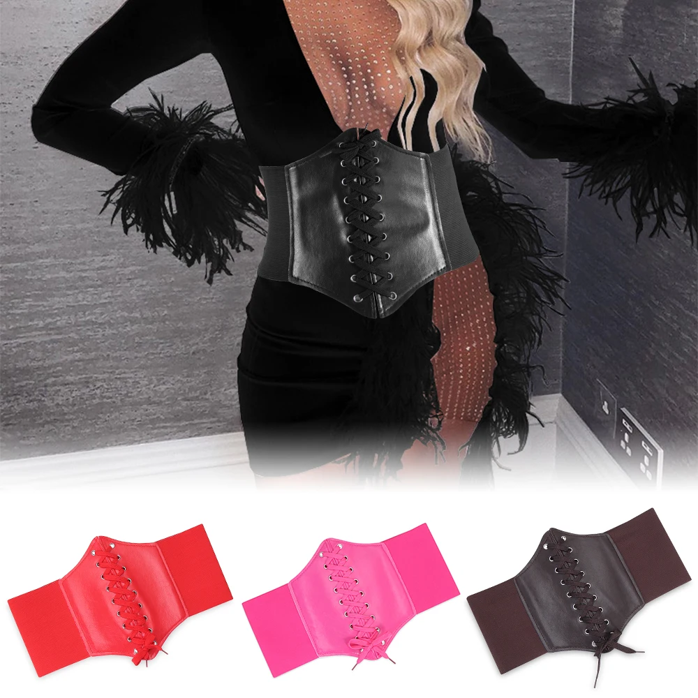 New Women Charm PU Leather Wide Corset Waistband Lace Up Band Elastic Stretch Cinch Waist Belt Hot Sale | Аксессуары для одежды