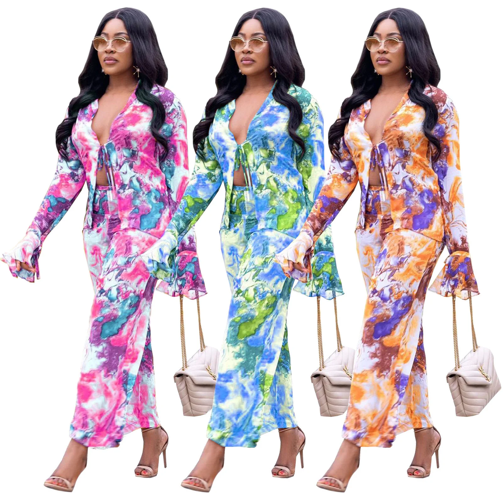 

Cutubly Two 2 Piece Set Outfits Tie Dye Crop Tops Pants Suit Female Elegant Lace Up Long Flare Sleeve Cardigan Pnats Women Sets