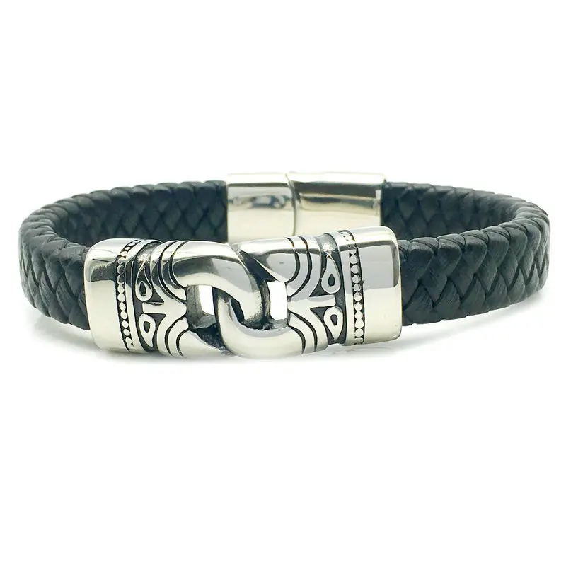 

Europe Charm Fashion Jewelry Stainless Steel Clasp Black Woven Leather Rope Bangle