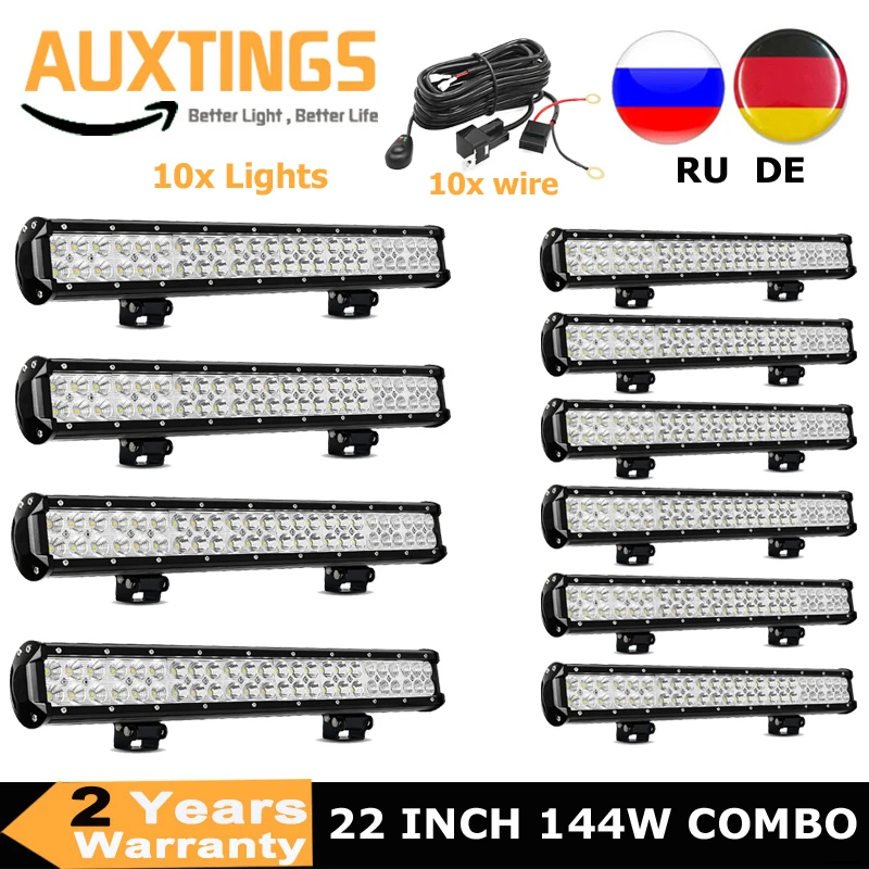 

10PCS 22" 144W LED Offroad Light Bar Driving Lamp With Wiring Harness Combo Beam For Tractor ATV SUV Boat Pickup Car 6000K