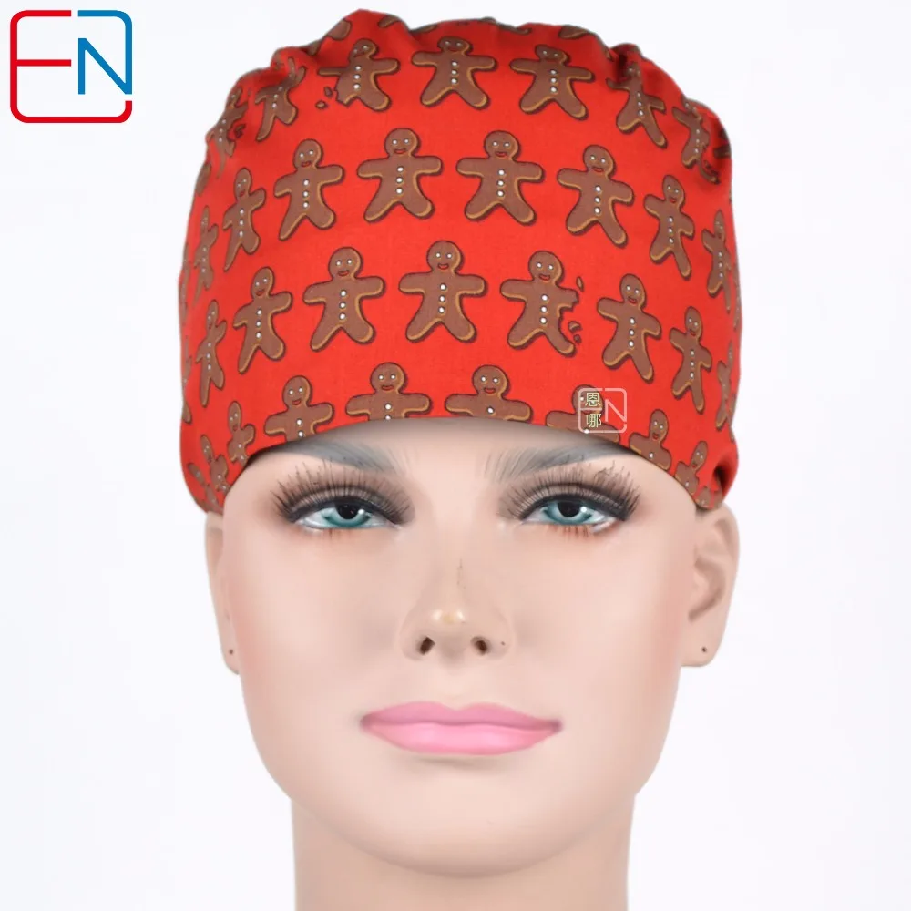 

Unisex Scrub Caps In Red with Gingerbread
