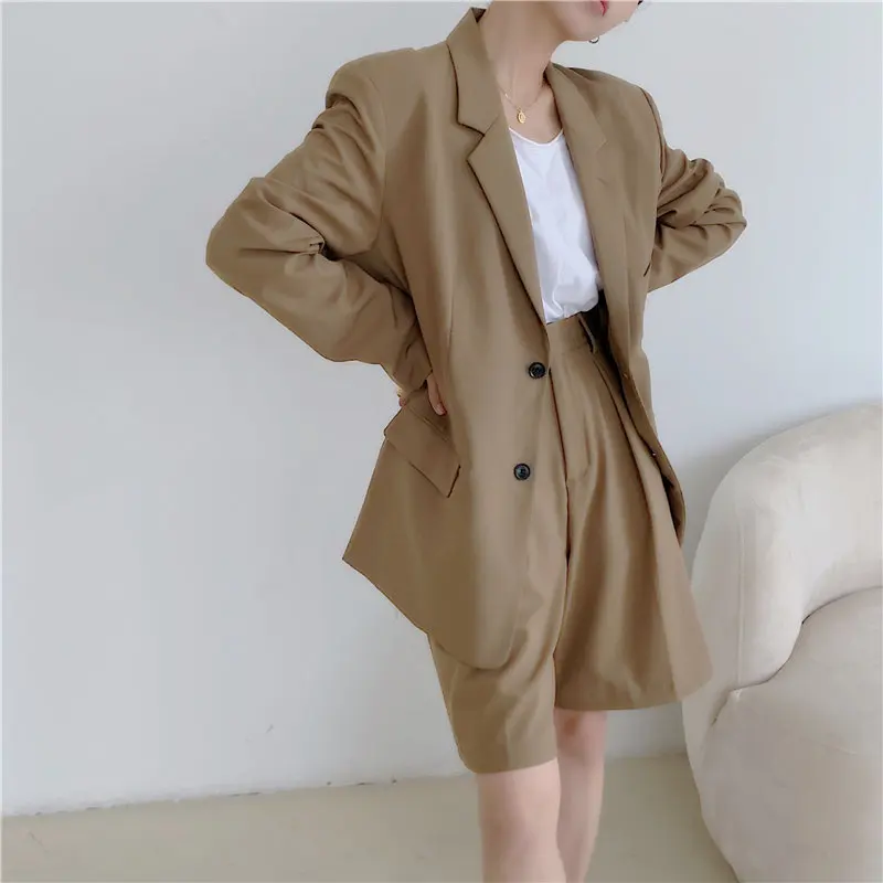 

HziriP Summer Minimalist Elegance OL Loose Chic 2021 Casual Blazers+High Waist Sexy Straight Shorts Suits Women 2 Piece Sets