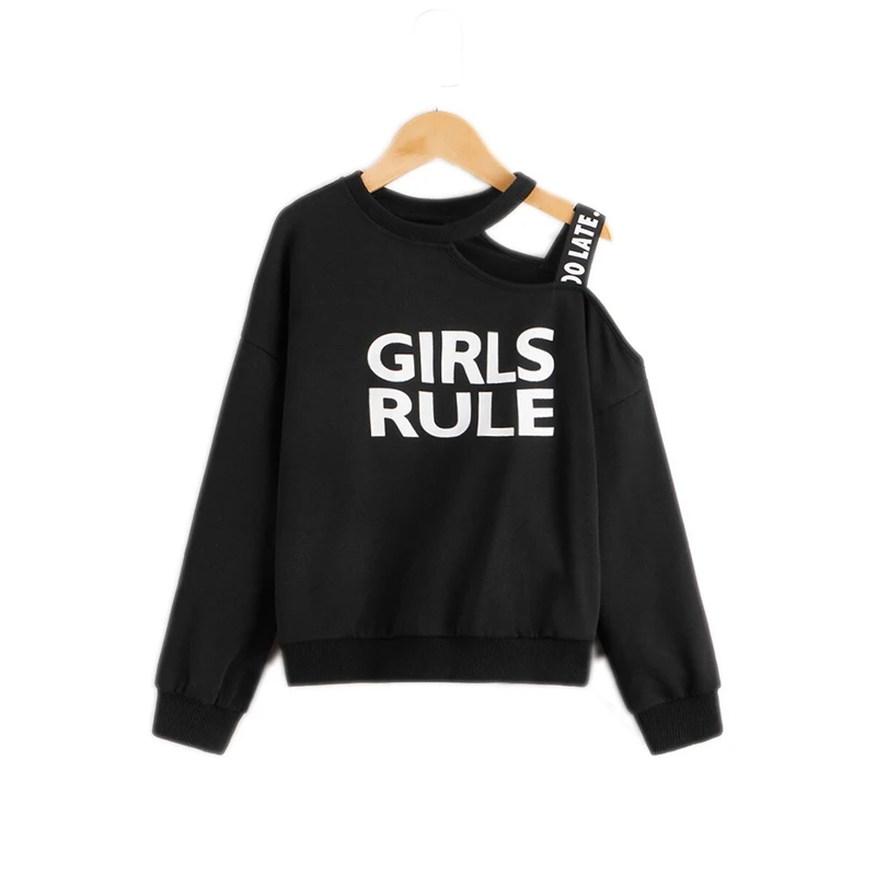 SHEIN Kiddie/черный пуловер на одно плечо с буквенным принтом и ремешком; детские топы; коллекция года; Осенняя детская повседневная толстовка с длинными рукавами