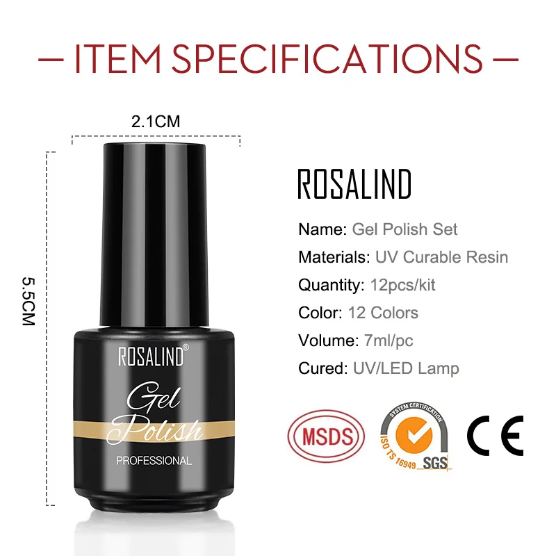 

ROSALIND Gel Nail Set Hybrid Varnishes Manicure Kit 12pcs Nail Polish Need Cured UV LED Lamp Semi Permanent Gel for Nails