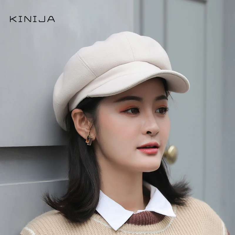 Осенняя новая шерстяная восьмиугольная шапка зимний однотонный берет Женская