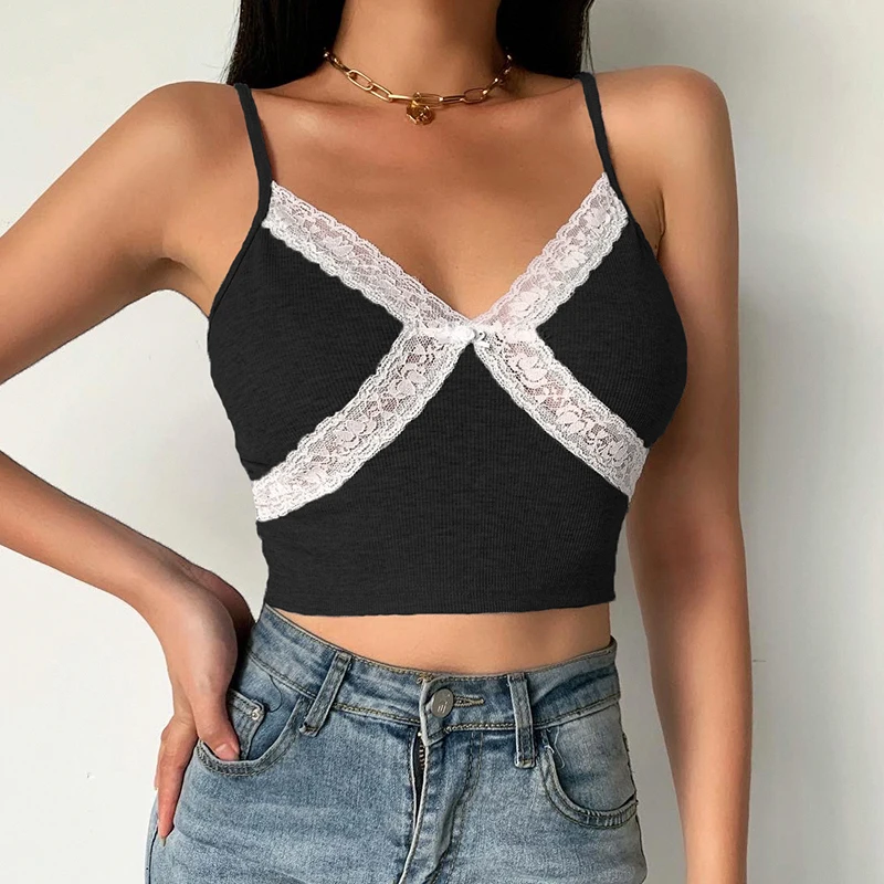 

Summer Women Sexy V-neck Camisole Ladies Lace Splicing Solid Backless Midriff-baring Crop Lace Top Skinny Camis Home Wear