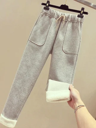 

Autumn and winter woolen pants new fashion wild personality stitching high waist straight thickening plus velvet warm nine pants