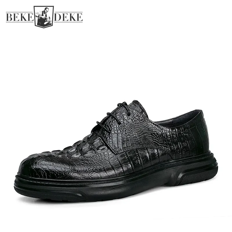 

Office Man Formal Shoes Cowhide Real Leather Luxury Crocodile Pattern Business Shoes Lace Up Platform Dress Shoes Mens Oxfords