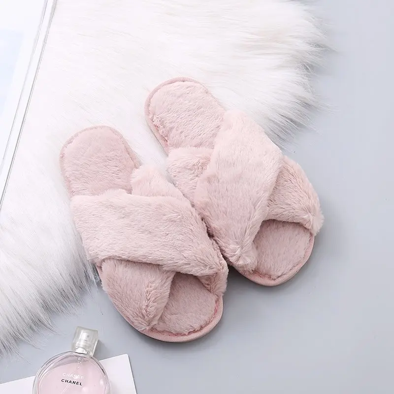 

indoor shoes ladies Warm Slippers Women Cozy Faux Fur Cross Indoor Floor Slides Flat Soft Furry Female Celebrities Flip Flops