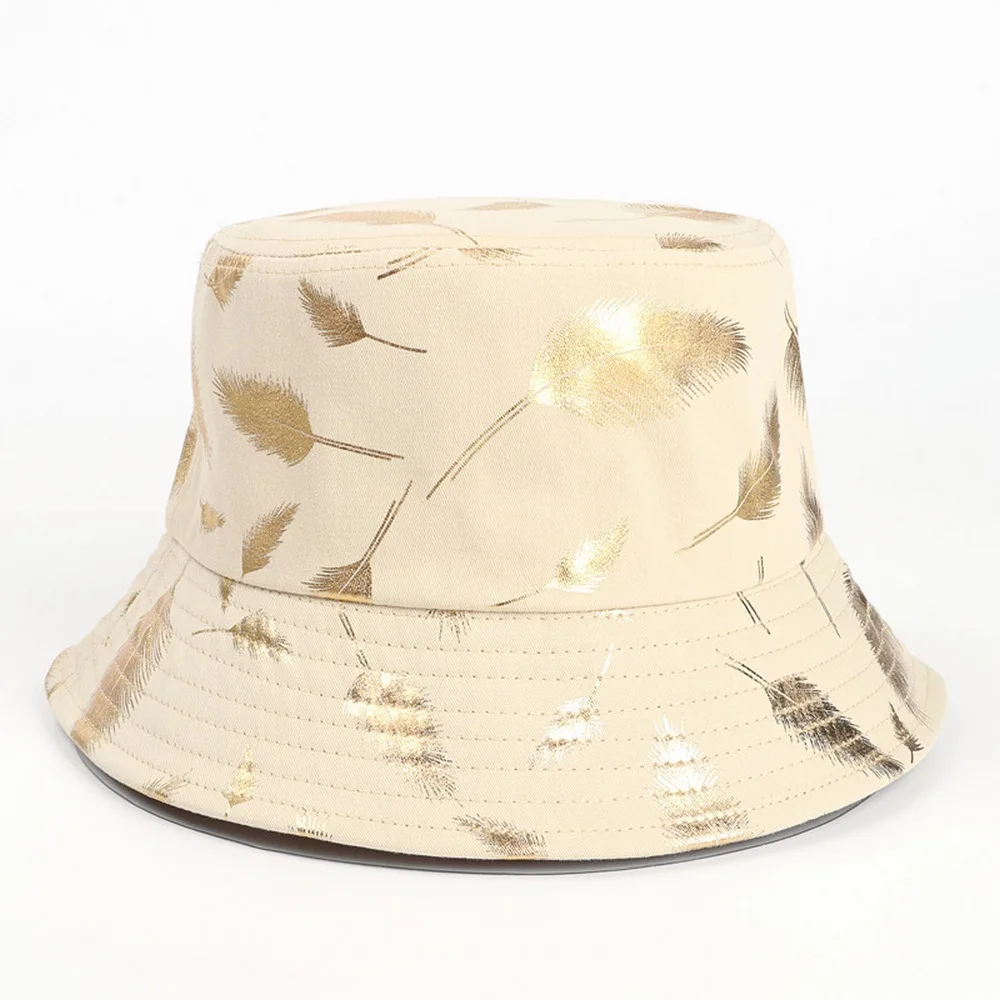 

Spring and Summer Women Bucket Hats Casual Style Cotton Golden Feather Pattern Outdoor Shading Travel Vacation Female Caps
