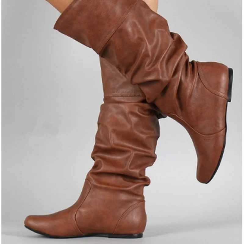 

GOOHOJIO 2020 New Autumn Knee-high Zipper Boot Woman Shoes Mid Heel Breathable Round Toe Boots for Women All-match Boots Female