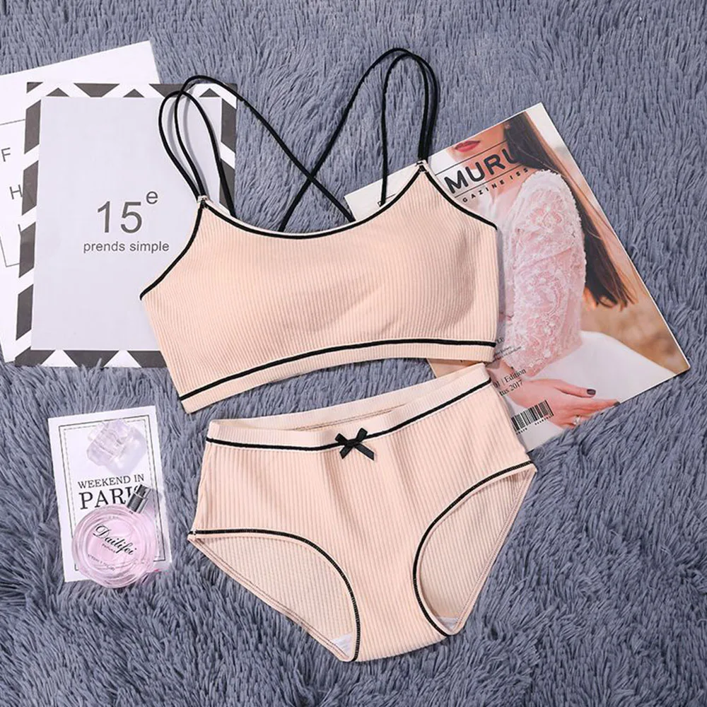 Женский хлопковый комплект с бюстгальтером Модный в полоску и трусиками
