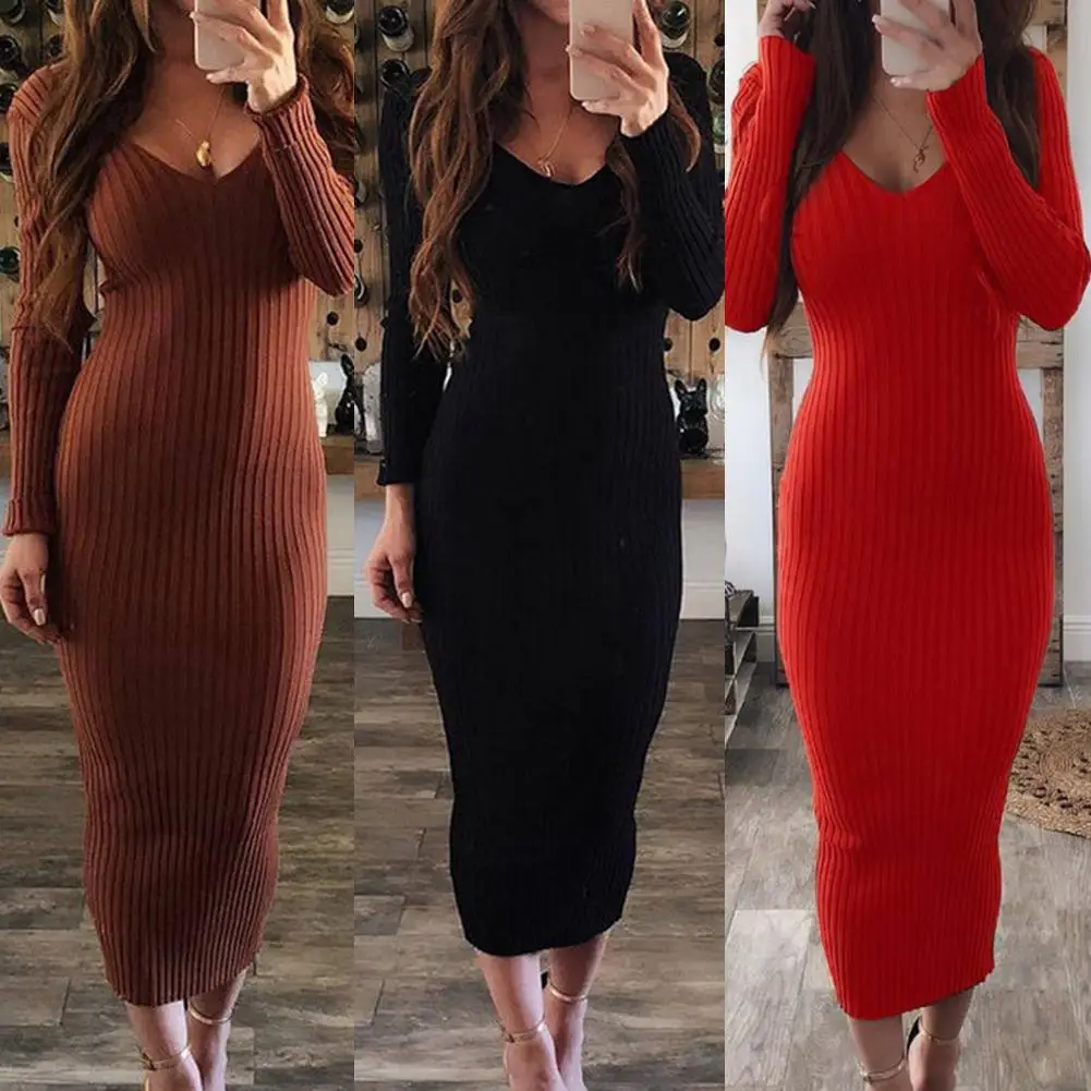 Горячее осеннее трикотажное облегающее Повседневное платье Макси сексуальное с