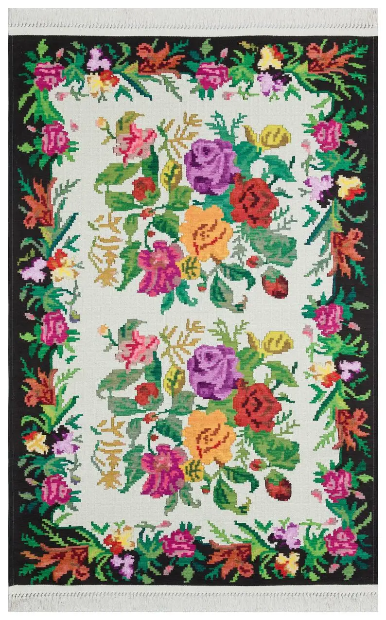 

Faik's Handmade Area Rug, "Luna" Black Floral MADE IN TURKEY