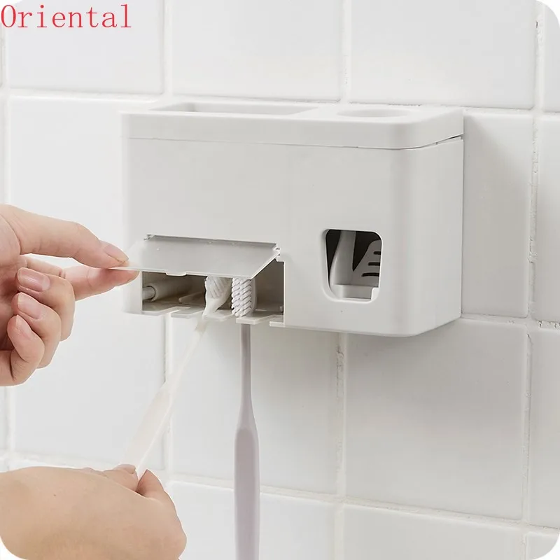 

Auto Toothpaste Dispenser Toothbrush Holder Set With 4 Cup Wall Mount Washing Toiletries Storage Rack Bathroom Accessories Set