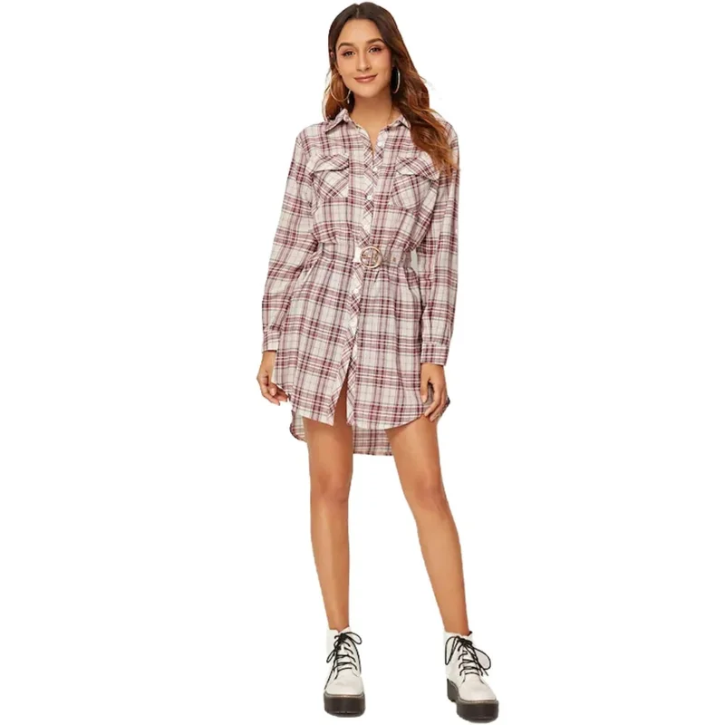 

New Long-sleeved Plaid Shirt Dress Women's Autumn Lapel Dovetail Casual Street Style Pink Temperament Loose Dress Women's 2021