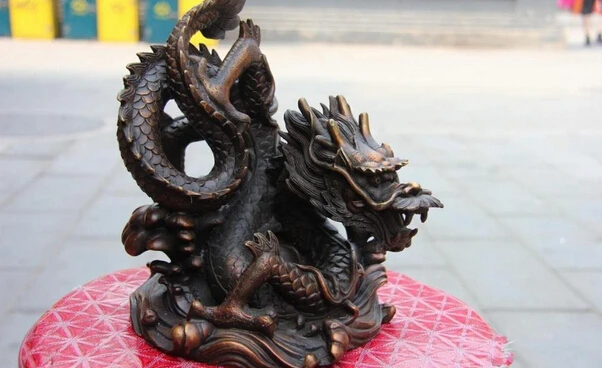 

song voge gem S1125 8 Chinese classic Copper Bronze Fengshui Auspicious Zodiac Fly Dragon Art statue