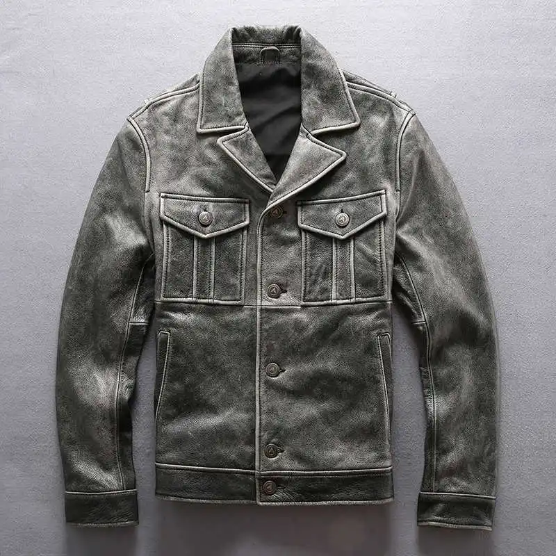 

2021 men's slim fit vintage lapel genuine leather jacket with four front pockets single breased natural cow leather coat men