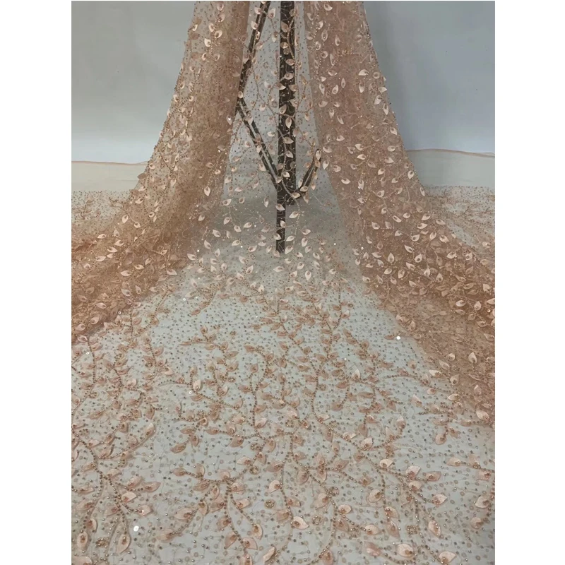 

African Lace Fabric With Sequins Latest Fashion Solid Leaves Embroidery Elegant Tulle Type Lace Polyester Fabrics For Party