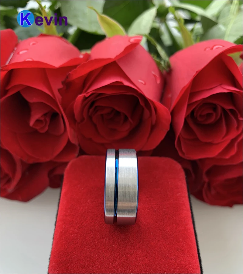 Синий Для мужчин кольцо Вольфрам s обручальное офсетная печать паз Ширина 10 мм