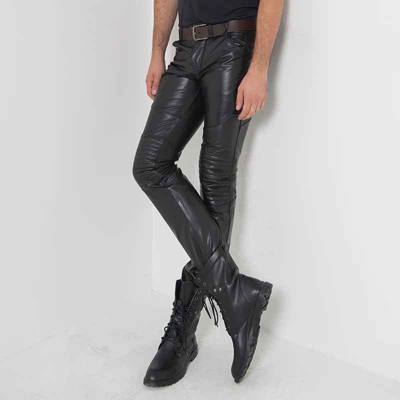 

Winter Mens Windproof Motorcycle Genuine Leather Pants Casual Biker Trousers Long Slim Fit Bootcut Natural Cowhide Pencil Pants