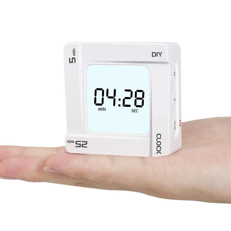 

Kitchen Timer, 5 Minute, 25 Minute and DIY Minute Preset Countdown Timer with Clock and Snooze Function, Mini Size