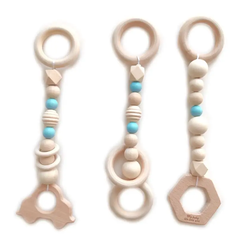 Blue-3 Pcs Детские деревянные животные Прорезыватель с погремушкой жевательный игровой, для тренировок коляска игрушка детская подвеска Подвески Прорезыватель игрушки мультяшный кулон - Цвет: Blue-3 Pcs