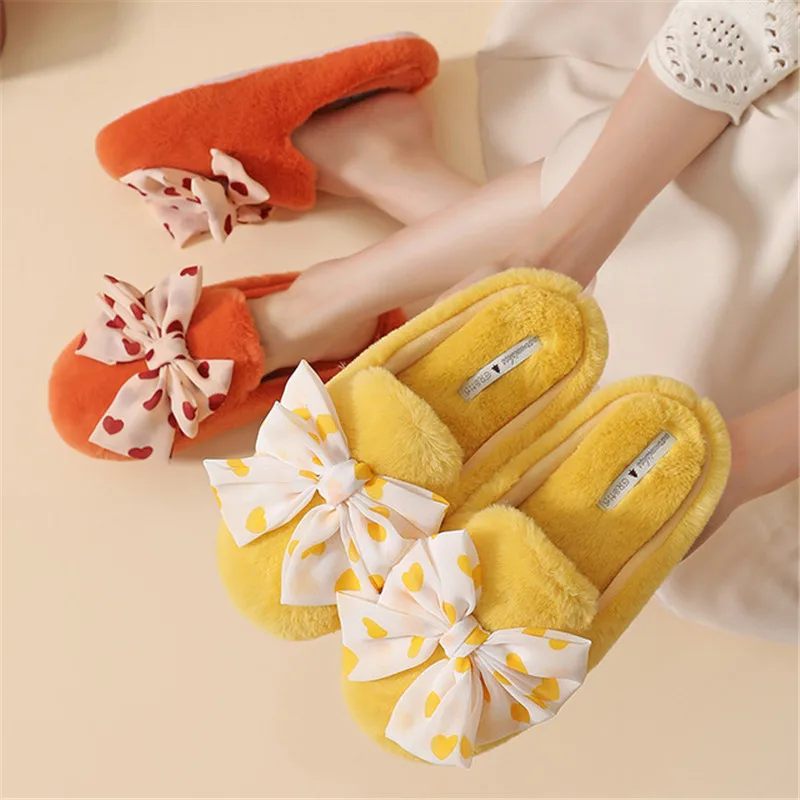

New Winter Cozy Fuzzy Memory Foam House Indoor Warm Lovers Women Shoes Comfort Non-Slip Cute Floor Silent Bow-Knot Slippers