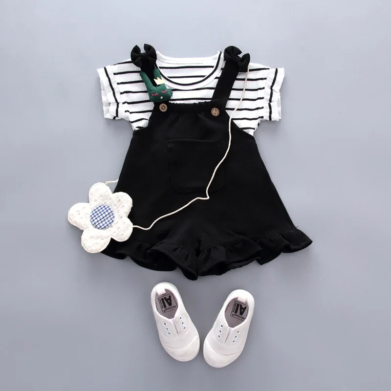 

2PCS Infant Baby Girl Summer Clothing Striped T-Shirt Top Strap Shorts Set Newborn Kids Toddler Children Outfits Suspender Dress