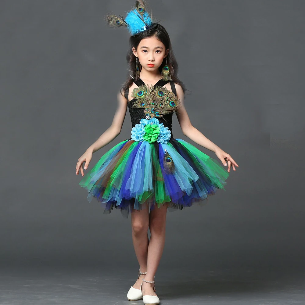dress Шикарное праздничное платье-пачка с павлином для девочек на Хеллоуин со шлейфом; детское вечернее платье принцессы из тюля с павлином - Цвет: dress