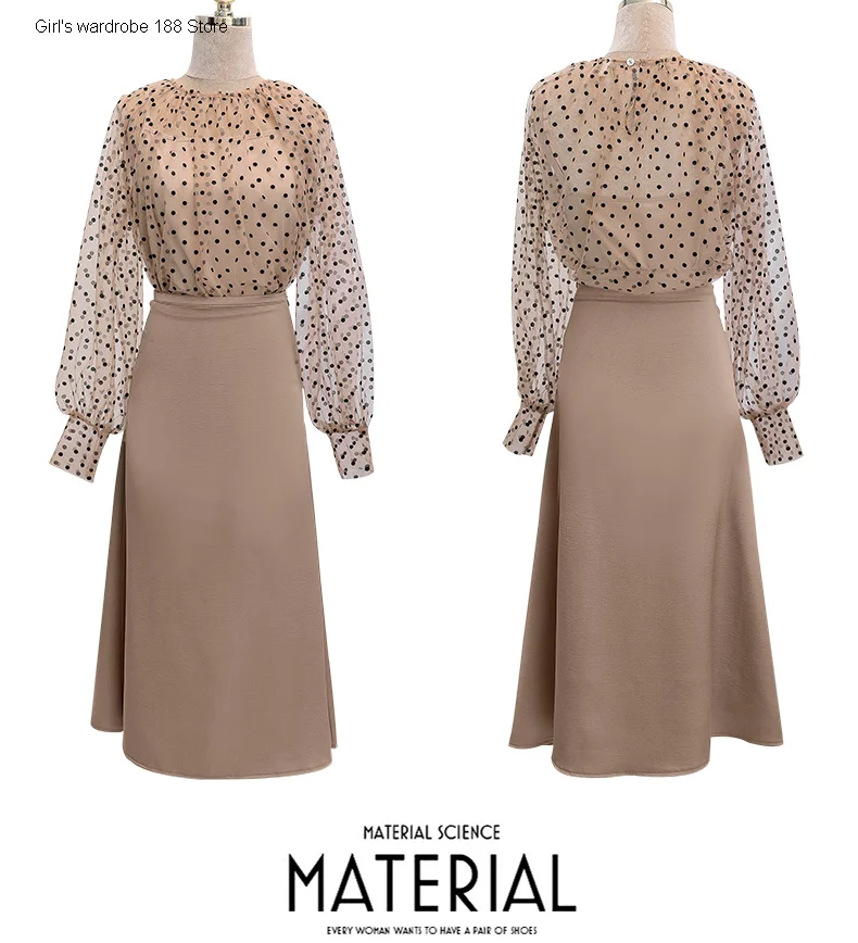 

Autumn suit for women 2020 new nude small polka dot chiffon long sleeve hip-wrapped temperament mid-length skirt three-piece set