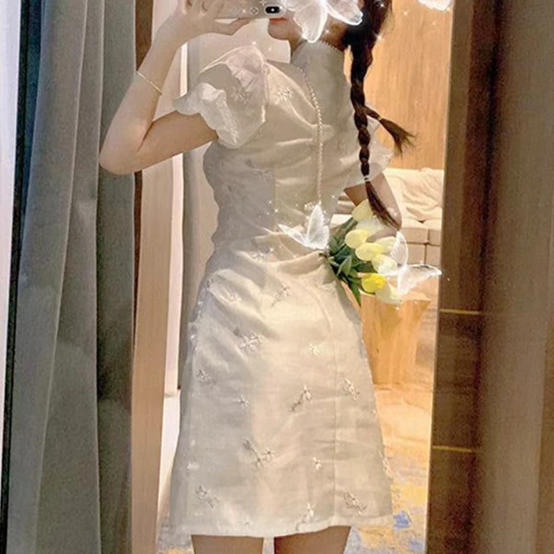 

Summer Elegant Mini Dress Women Party Floral Evening Cheongsam Dress Female Casual Short Sleeve One Piece Dress Korean 2021 Chic