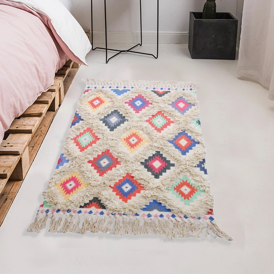 Ворсовый хлопковый коврик с кисточками ручная работа клетчатый принт