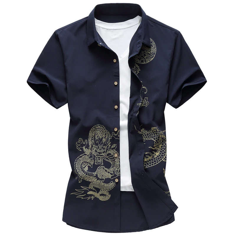 Plus Size M-5XL 6XL 7XL Shirt For Men's Short Sleeves 2023 Summer Stretwear Fashion Casual Clothing Dragon Printed Shirts Men