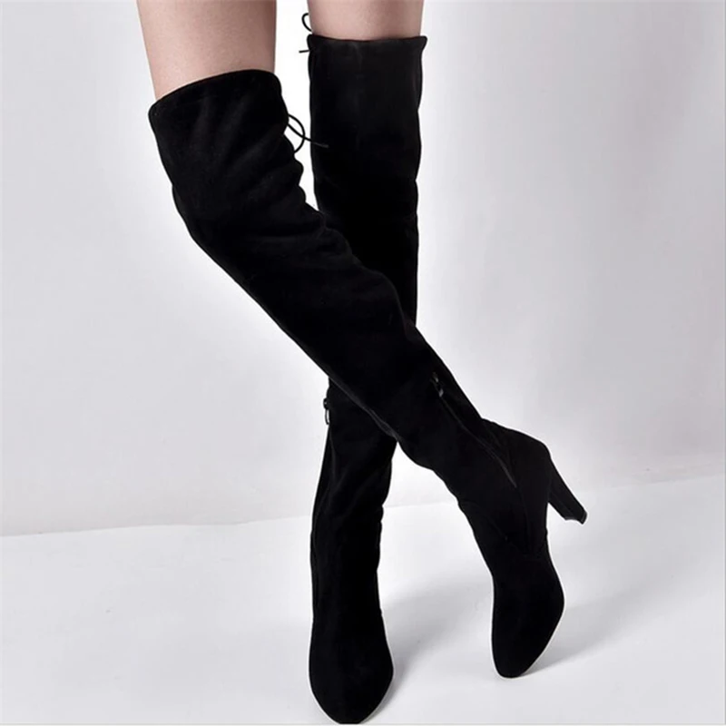 

2019 new women's warm boots female pointed thick with side zipper over the knee black sexy boots elastic high boots 35-43