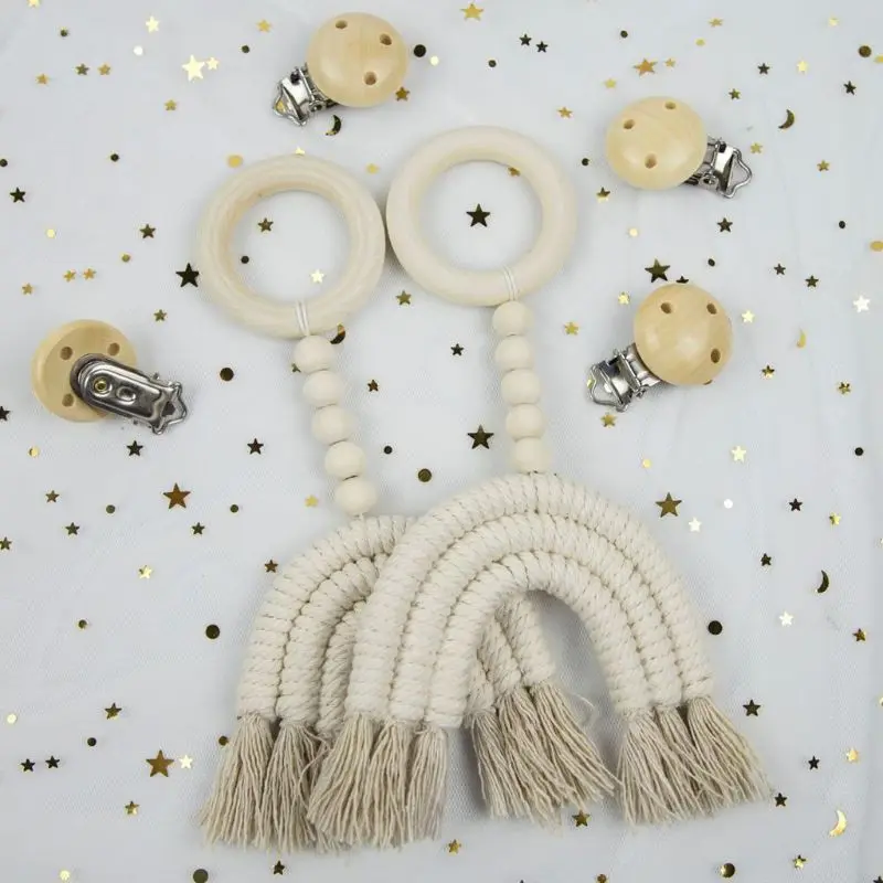 

C5AF Baby Teether Crochet Wood Rring Rattle Baby Teething Ring Rainbow Wooden Boho Baby Teether Stroller Toys Shower Gift