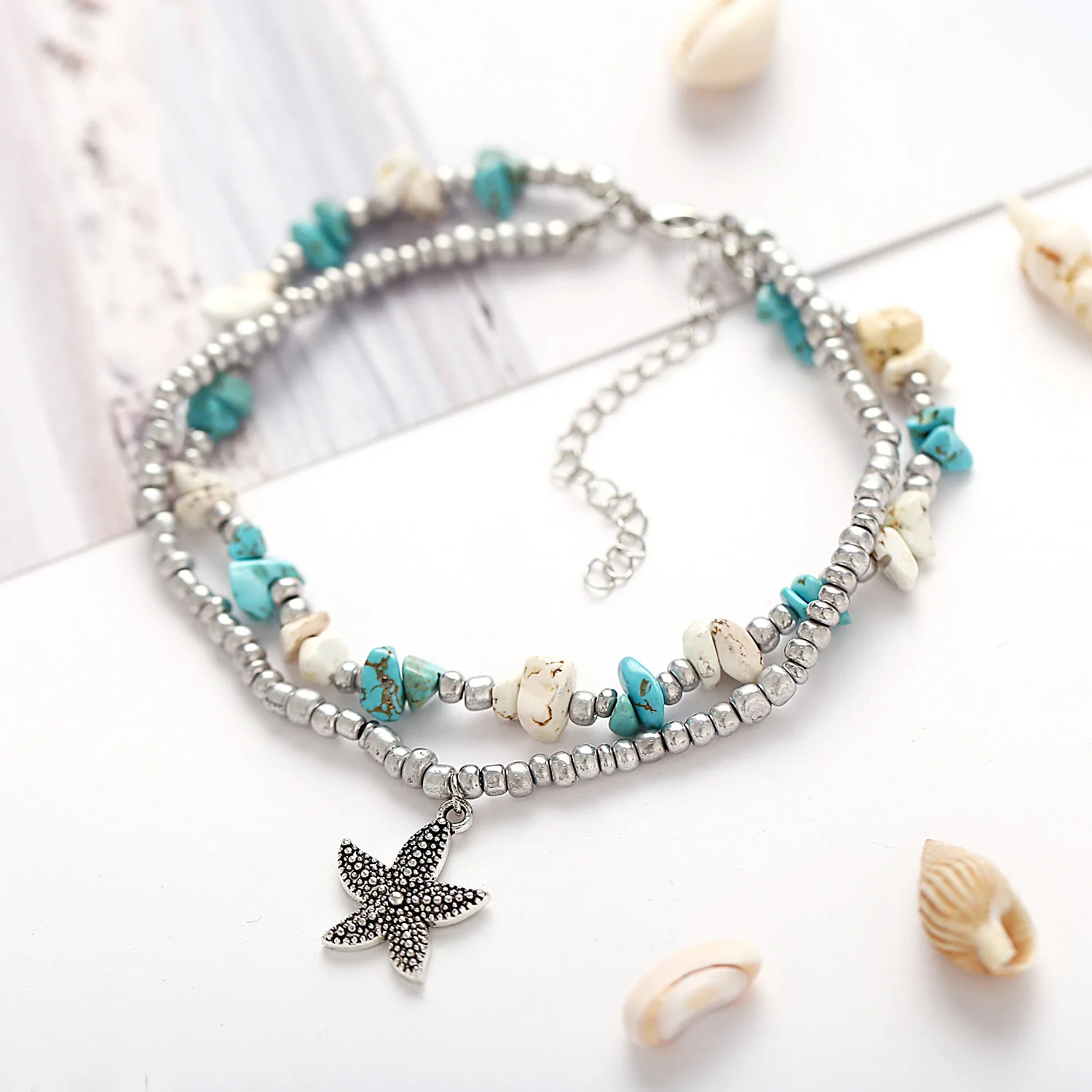 NPKDS богемный Хрустальный двойной пляжный браслет для ног ракушка морская звезда