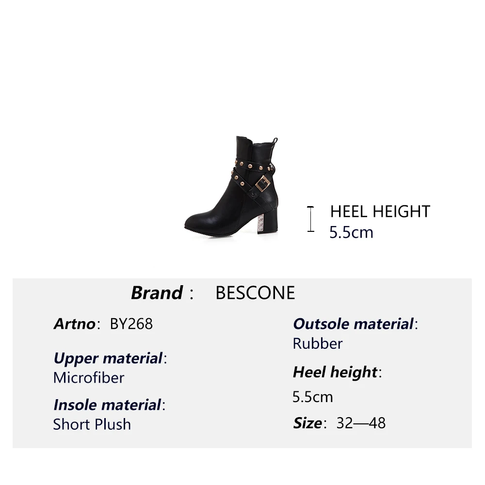 

BESCONE Winter Women Mid-Calf Boots Fashion Pointed Toe Zipper Solid Square Heel Shoes Microfiber Hindmade Ladies Boots BM268